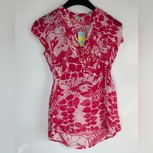 Forever 21 Women's V-Neck Woven Top | Cream/Fuchsia | Size: S